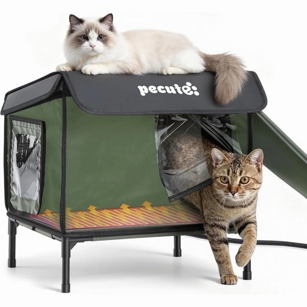 Heated Outdoor Cat House with Heating Pad Weatherproof Insulated Winter Shelter